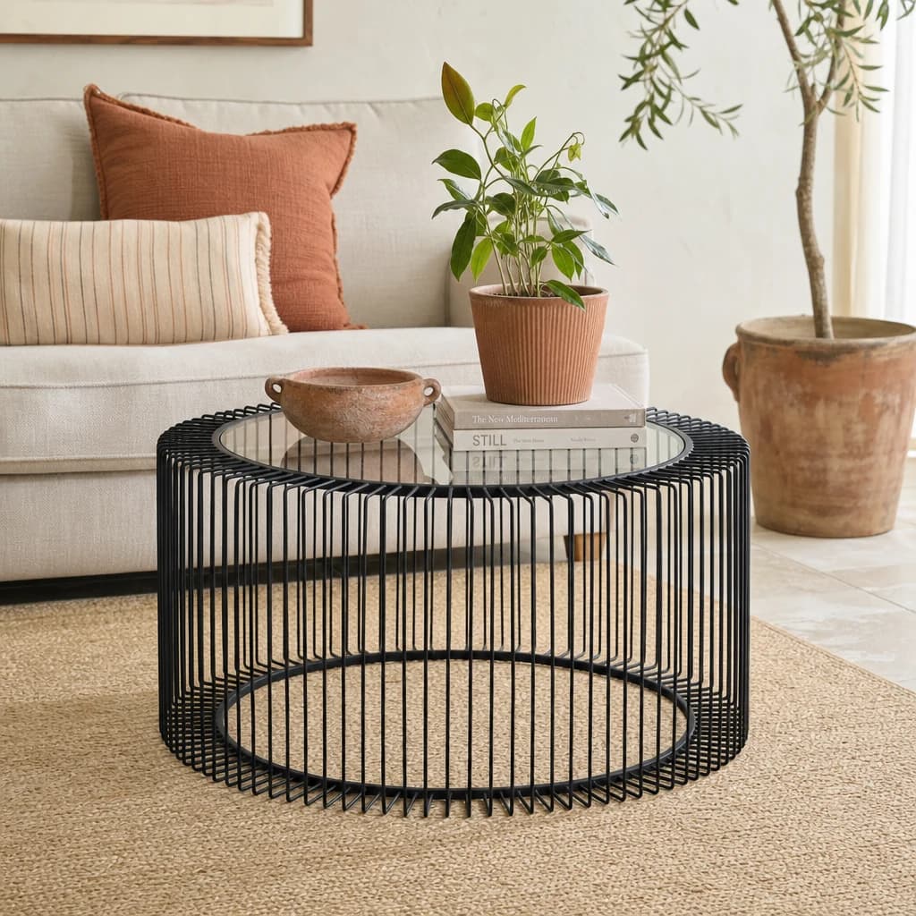 Trento Black Metal Round Coffee Table with Glass Top - Tables, photo 1 of 5