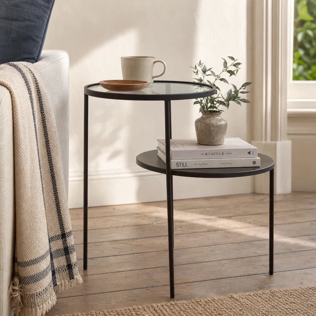 Trento Black Metal and Glass 2 Tier Side Table - Tables, photo 1 of 7