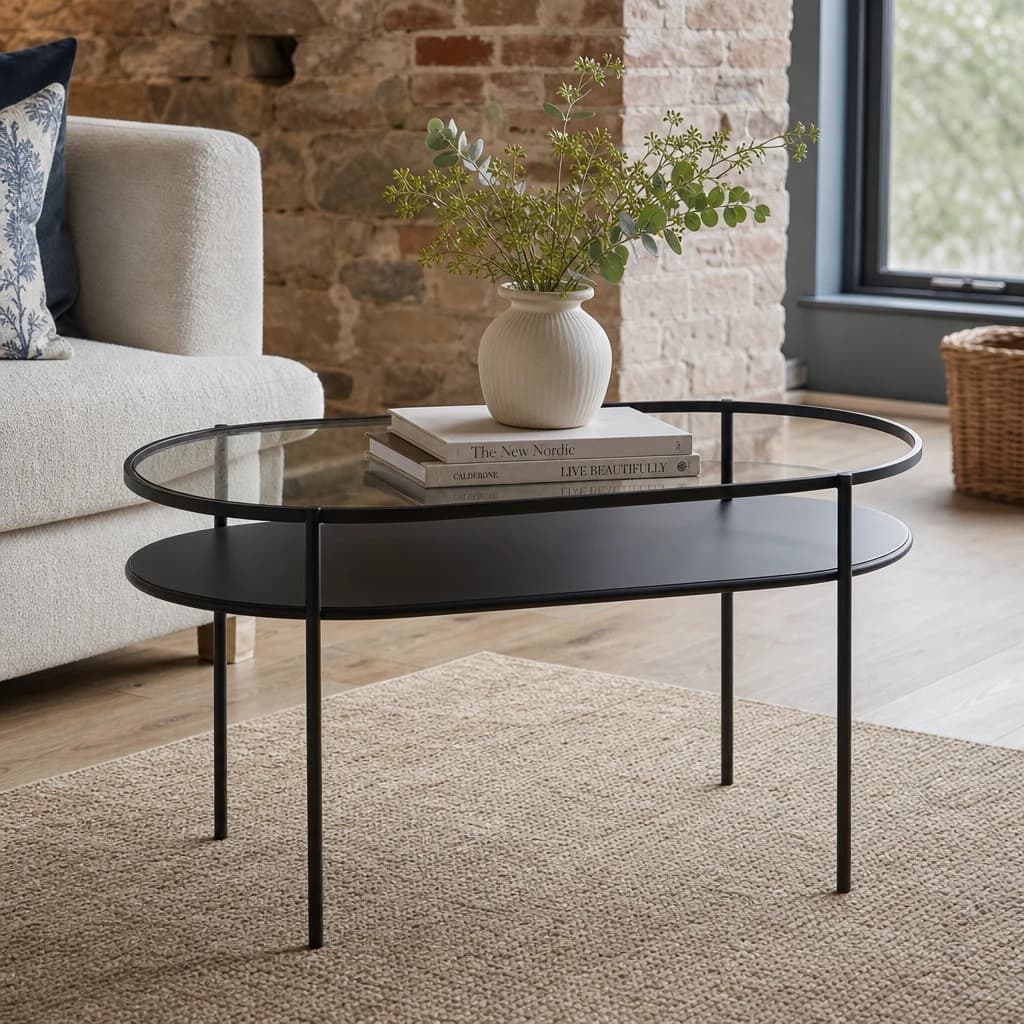 Trento Grey Glass and Black Finish 2 Tier Oval Coffee Table - Tables, photo 1 of 8