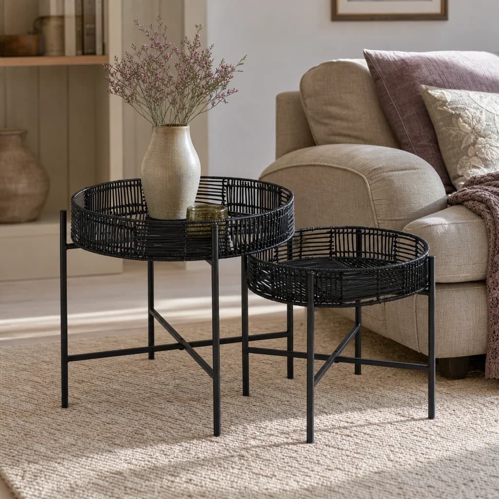Batu Set Of 2 Black Rattan Side Tables - Tables, photo 1 of 6