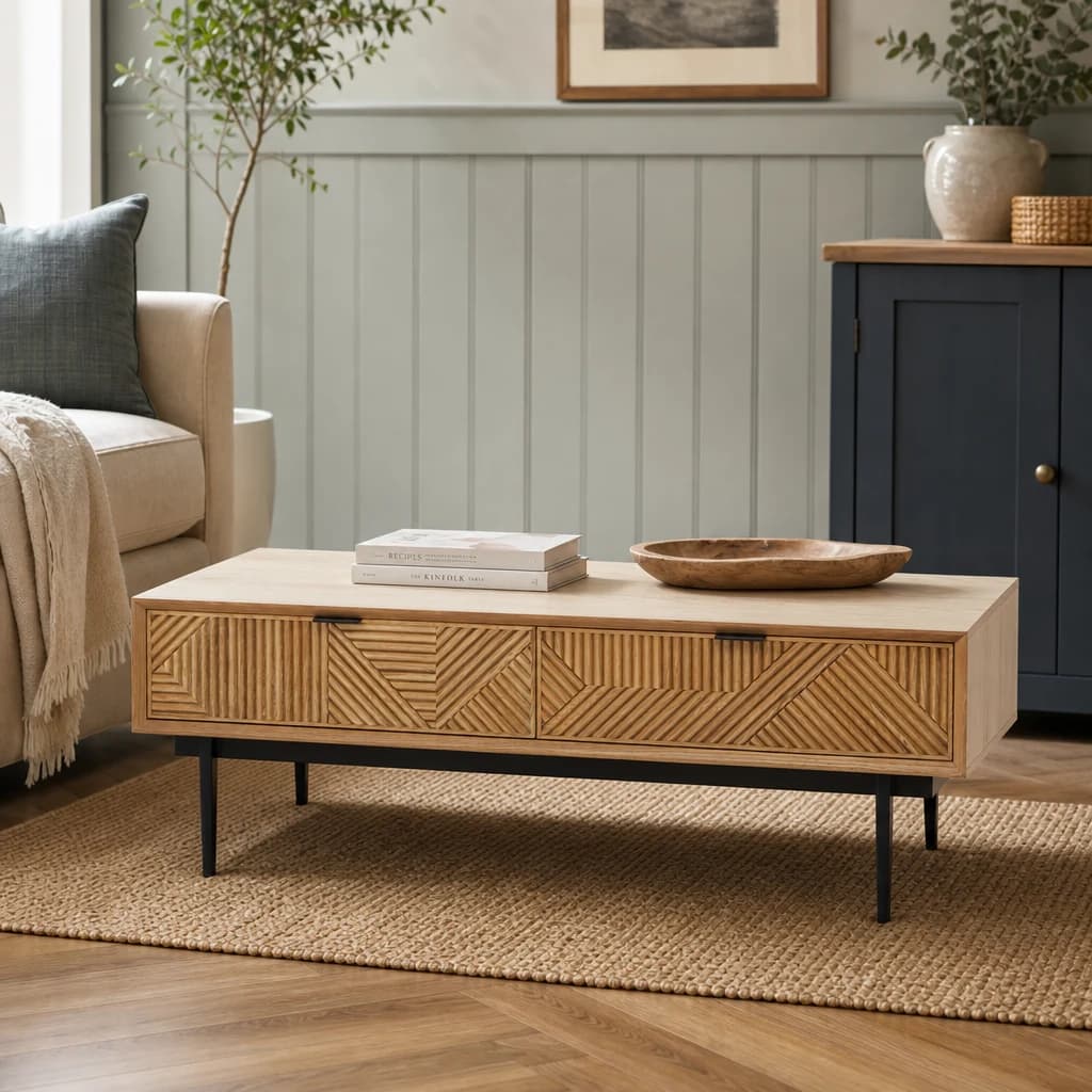 Jakara Natural Finish Coffee Table with Drawers - Tables, photo 1 of 8