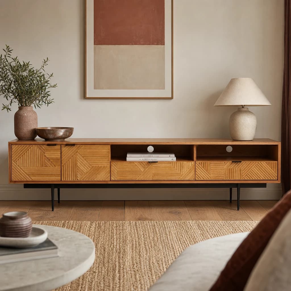 Jakara Natural Finish Carved Media Unit - Bookcases & shelving, photo 1 of 8