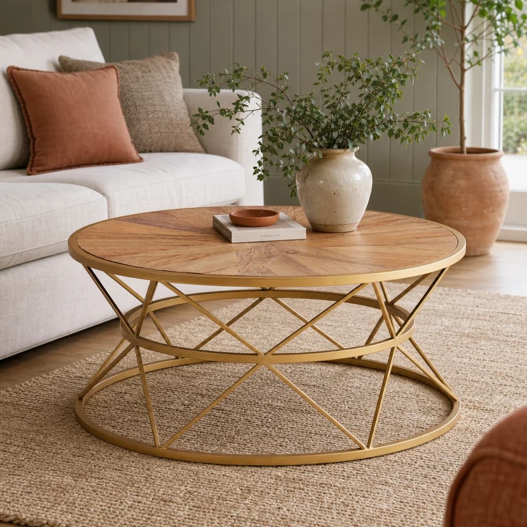 Jodi Round Wooden Coffee Table with Gold Frame - Tables, photo 1 of 6