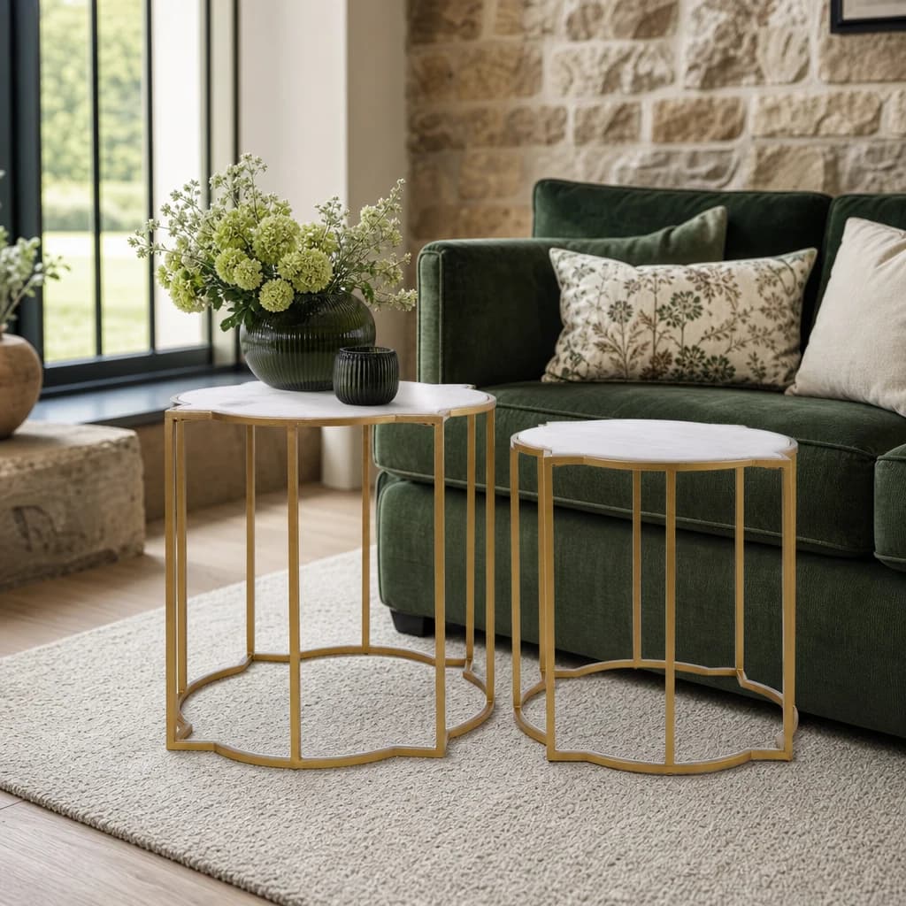 Rabia White Marble and Brass Finish Set of 2 Side Tables - Tables, photo 1 of 8