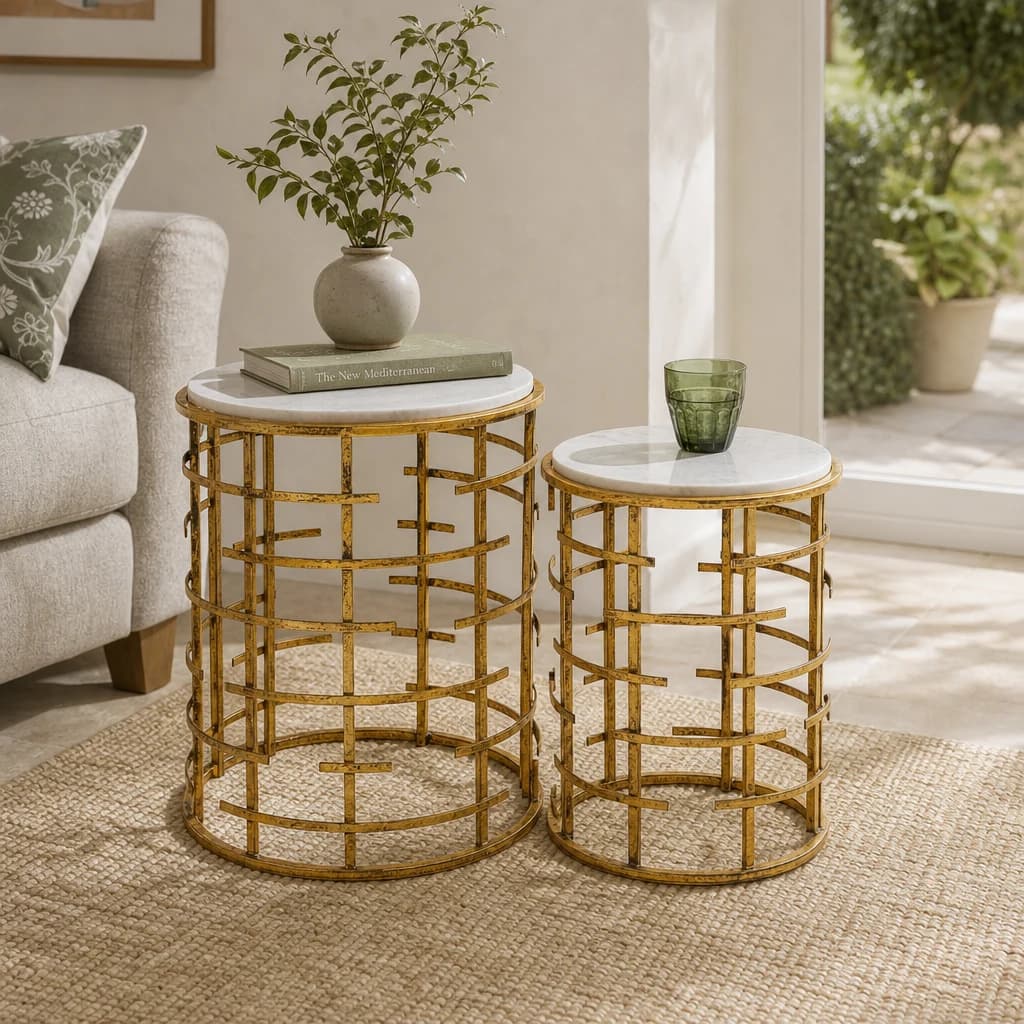 Rabia White Marble and Gold Finish Set of 2 Round Side Tables - Tables, photo 1 of 7