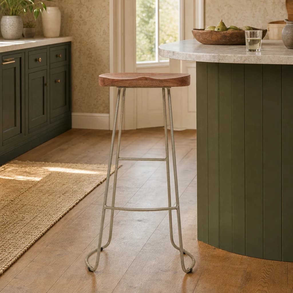 Nandri Acacia Wood and Antique Silver Bar Stool - Seating, photo 1 of 6