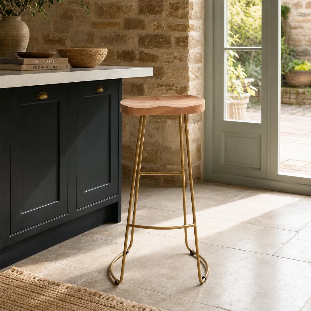 Nandri Acacia Wood and Antique Brass Bar Stool - Seating, photo 1 of 6