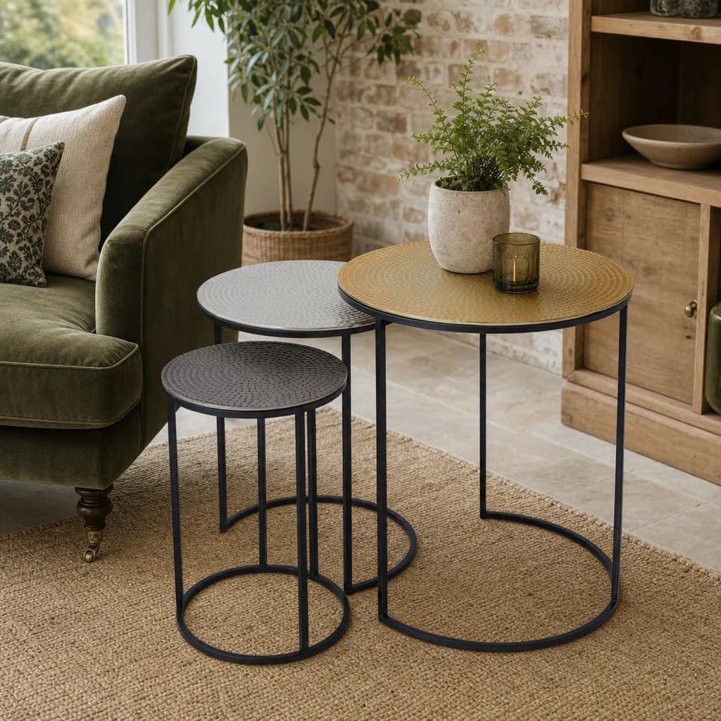 Elias Set of Three Hammered Metal Nesting Tables - Tables, photo 1 of 6