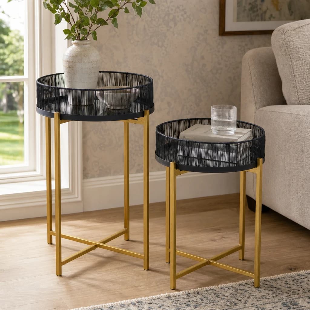 Enzo Set Of Two Black Wire And Gold Frame Side Tables - Tables, photo 1 of 8