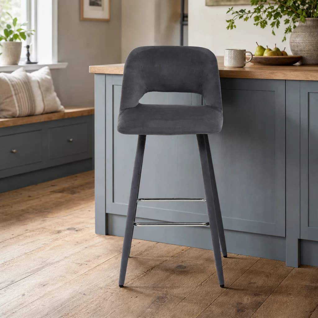 Warren Grey Velvet Bar Chair with Silver Finish Footrest - Seating, photo 1 of 8
