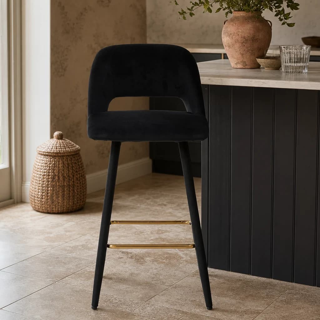 Warren Black Velvet Bar Chair with Gold Finish Footrest - Seating, photo 1 of 8