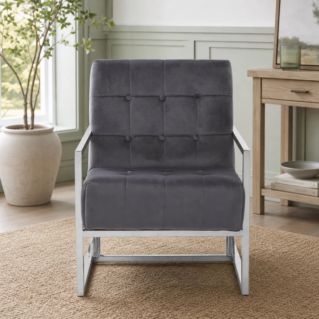 Hana Grey Velvet Chair with Stainless Steel Frame - Seating, photo 1 of 8