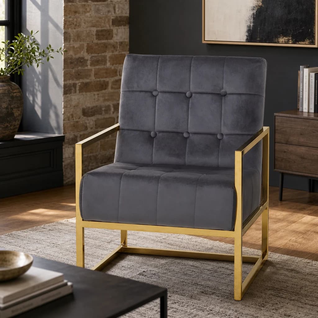 Hana Grey Velvet Chair With Gold Frame - Seating, photo 1 of 8