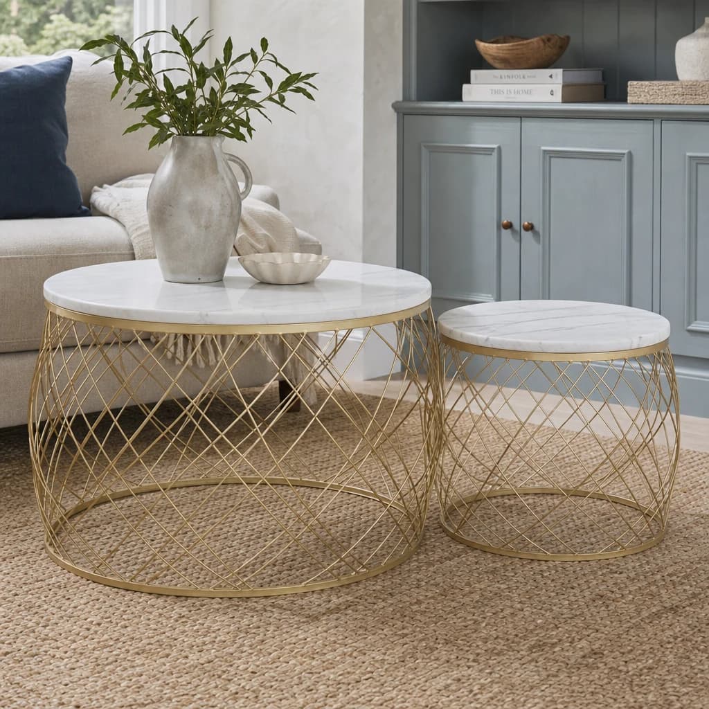 Jodie Set Of Two Coffee Tables With White Marble Top And Gold Frame - Tables, photo 1 of 7
