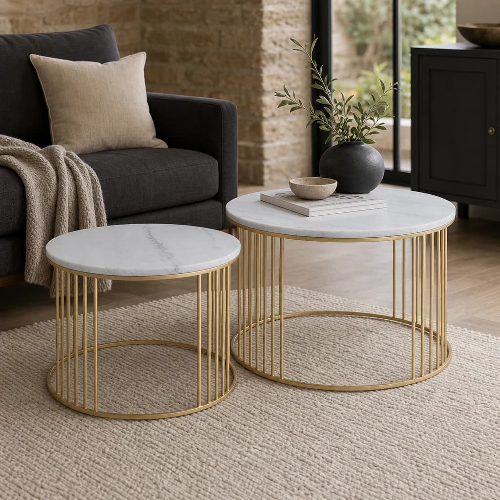 Jodie Set Of Two White Marble And Gold Frame Coffee Tables - Tables, photo 1 of 6