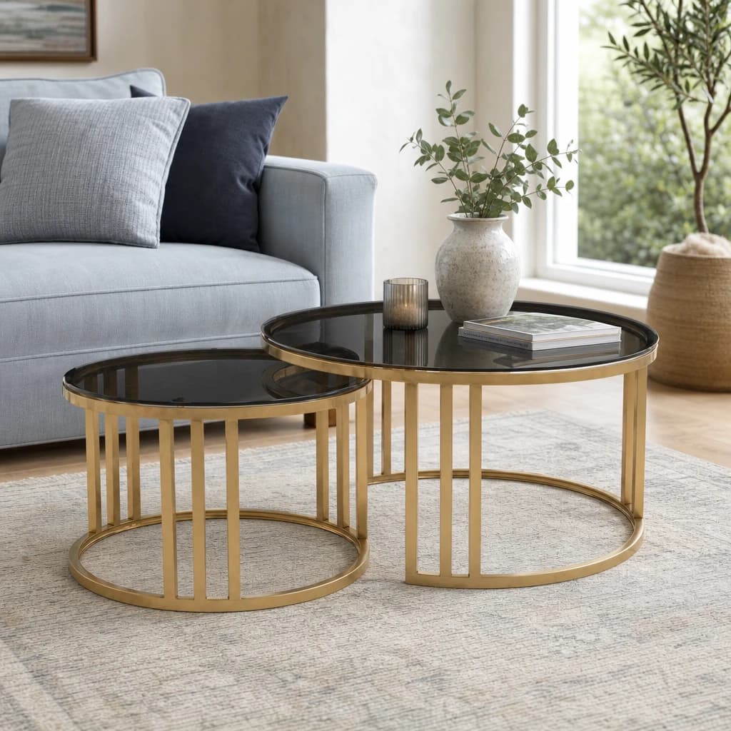 Alana Set of 2 Gold Base and Glass Top Round Nesting Coffee Tables - Tables, photo 1 of 8