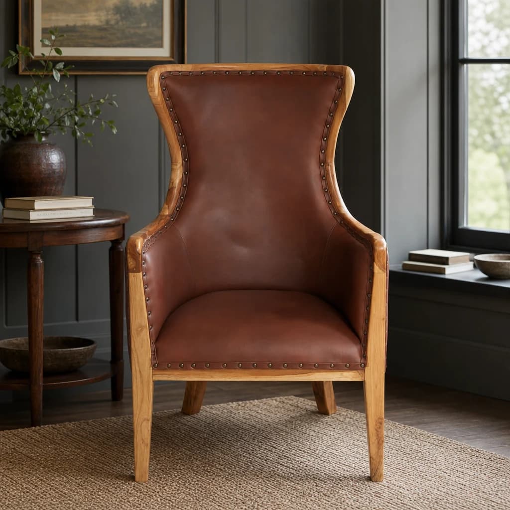 Kendari Brown Leather and Teak Wood Frame Studded Chair - Seating, photo 1 of 8