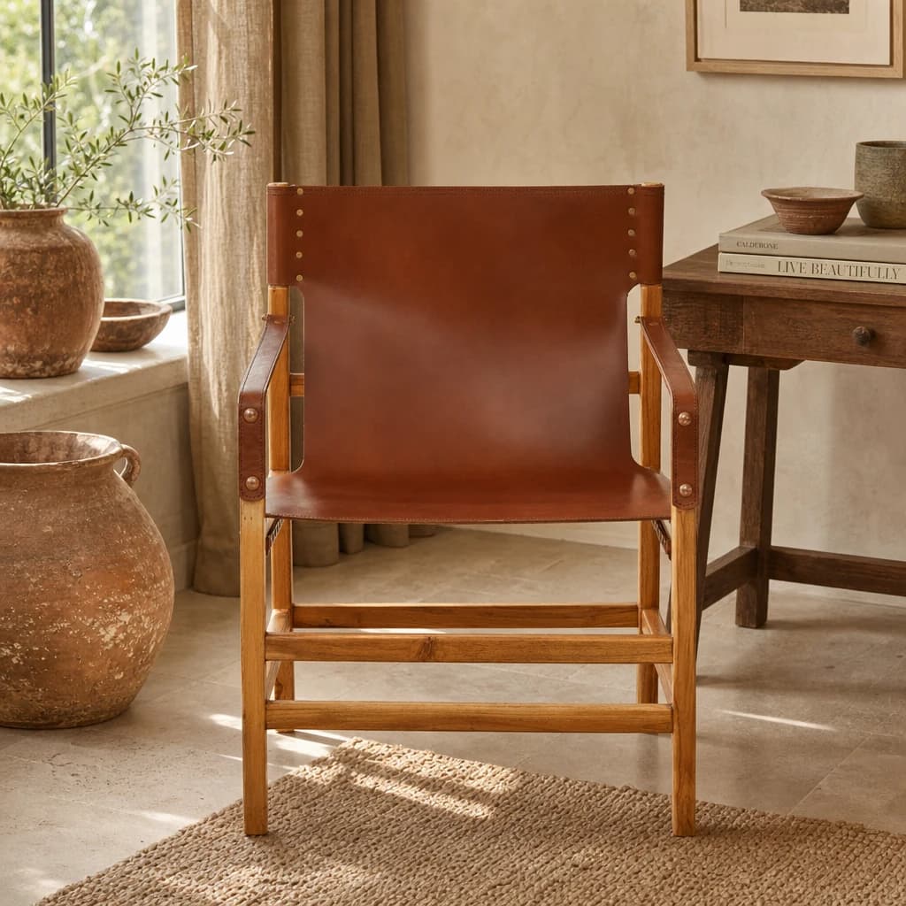Kendari Light Brown Leather And Teak Wood Chair - Seating, photo 1 of 8