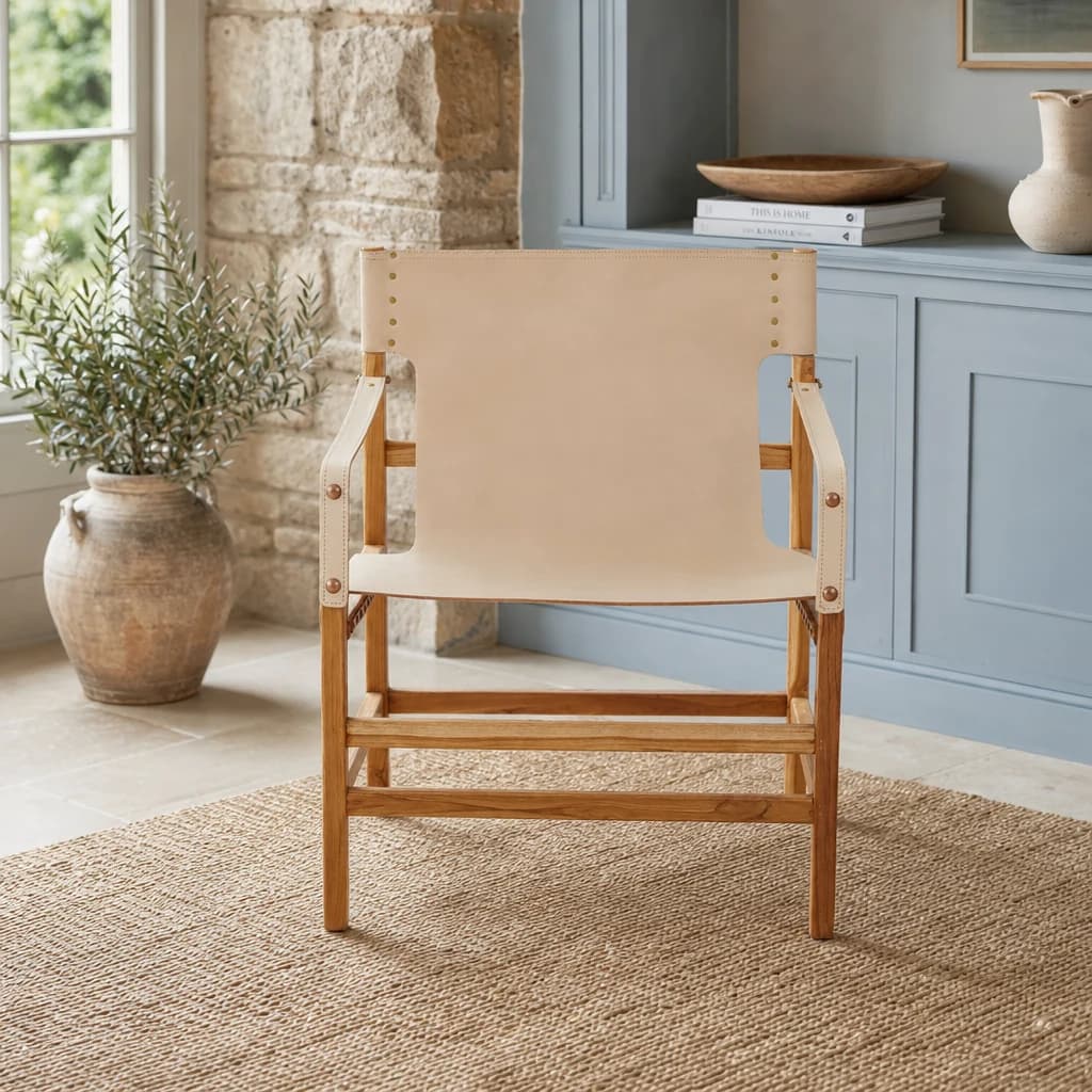 Kendari Cream Leather and Teak Wood Chair - Seating, photo 1 of 8