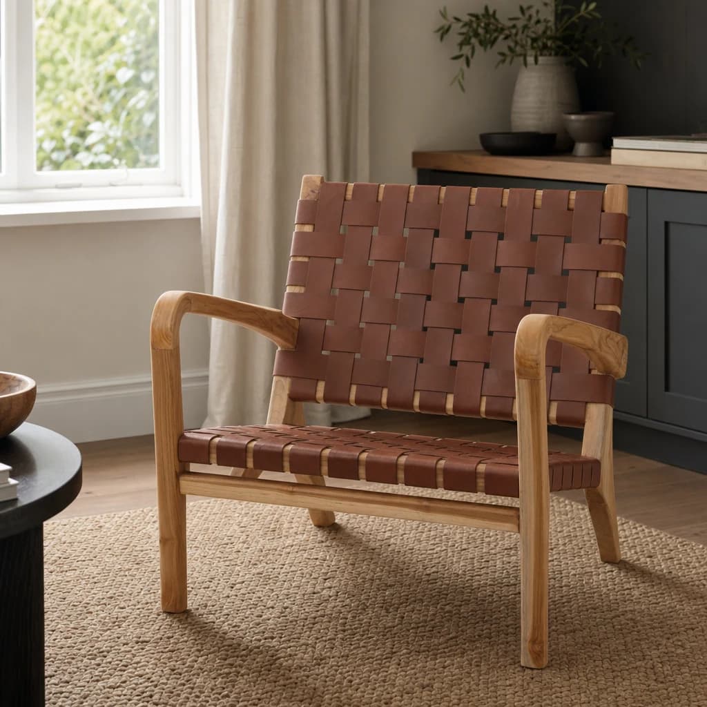 Kendari Dark Brown Woven Leather and Teak Wood Chair - Seating, photo 1 of 8