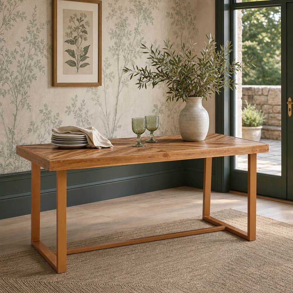 Kendari Natural Teak Wood Rectangular Dining Table with Gold Frame - Tables, photo 1 of 8