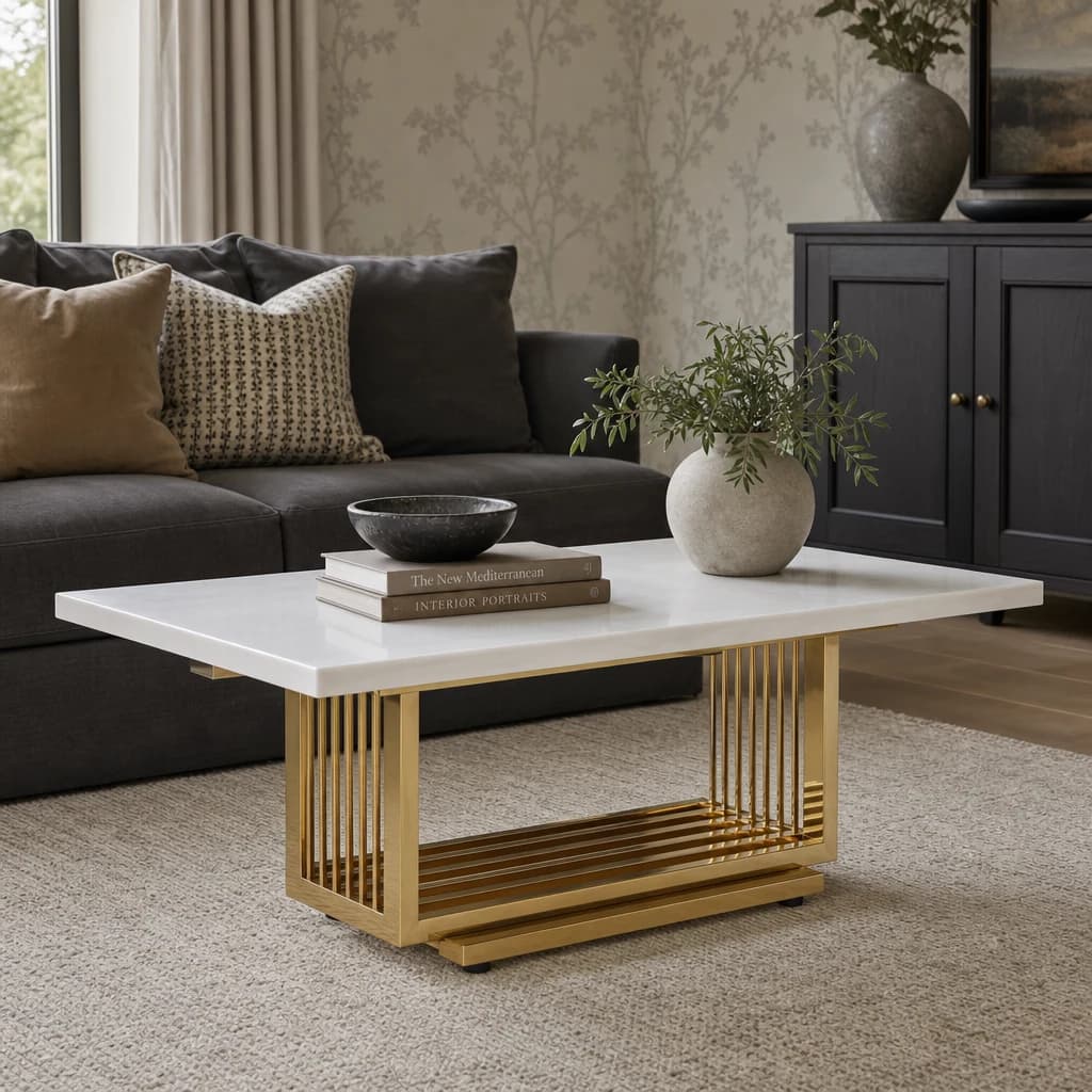 Moda Ivory White Faux Marble Coffee Table With Gold Finished Frame - Tables, photo 1 of 8