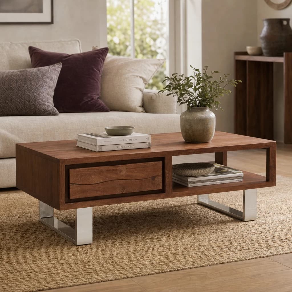 Simla Acacia Wood Coffee Table with Drawer - Tables, photo 1 of 8
