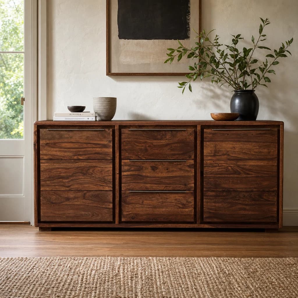 Surati Two Door Three Drawer Sheesham And Acacia Wood Sideboard - Bookcases & shelving, photo 1 of 8