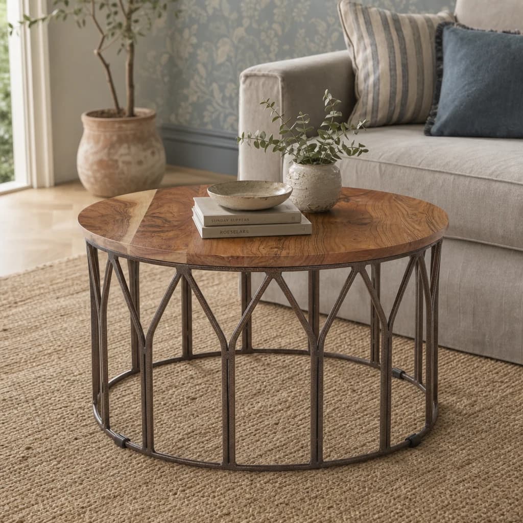 Boho Acacia Wood Round Coffee Table - Tables, photo 1 of 6
