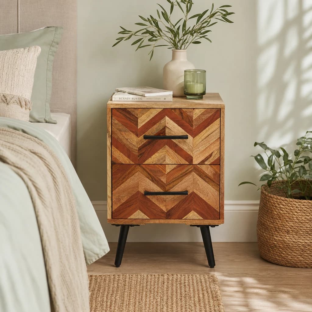 Boho Two Drawer Bedside Table in Mango Wood - Tables, photo 1 of 8