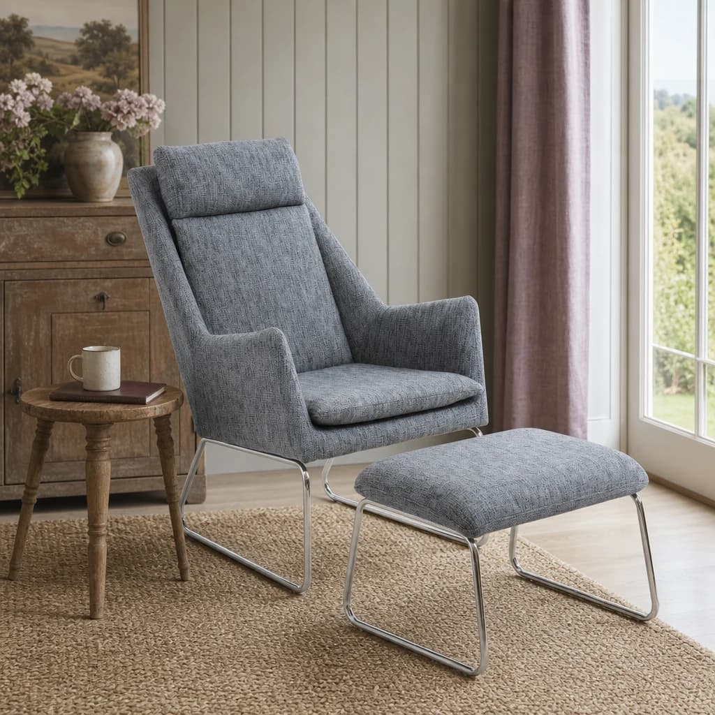 Azalea Grey Fabric Lounge Chair And Footstool Set - Seating, photo 1 of 8