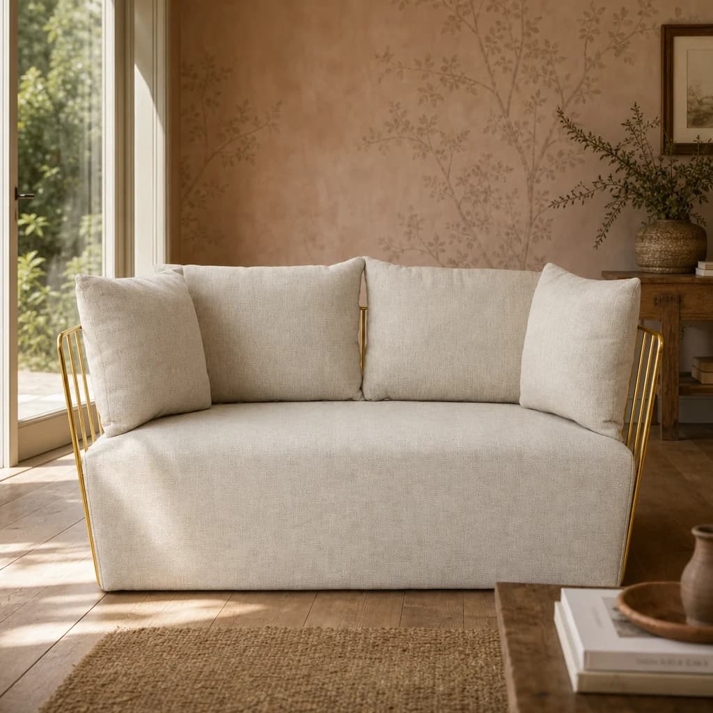 Azalea Natural Fabric and Gold Frame Two Seat Sofa - Seating, photo 1 of 8