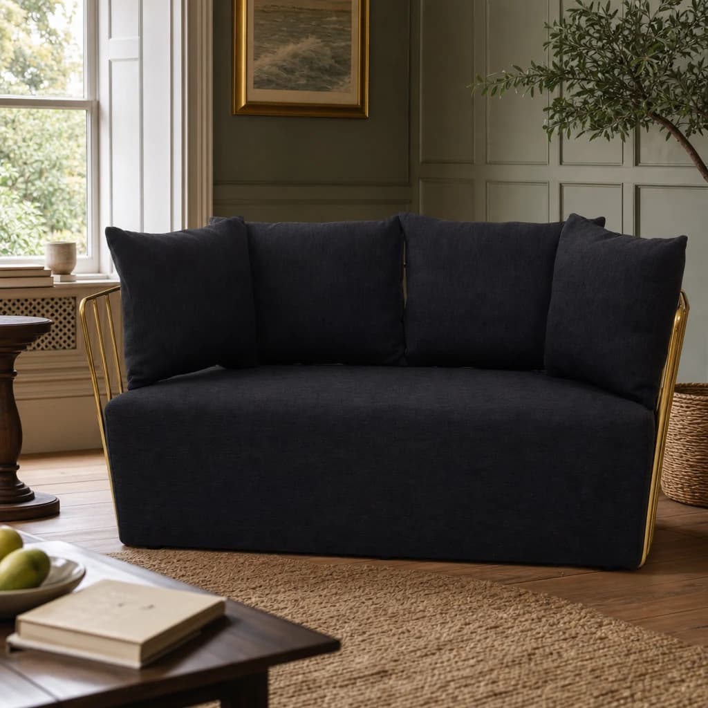 Azalea Black Fabric and Gold Frame 2 Seat Sofa - Seating, photo 1 of 8