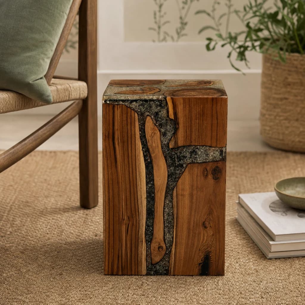 Sakra Teak Wood and Resin Side Table and Stool - Seating, photo 1 of 7