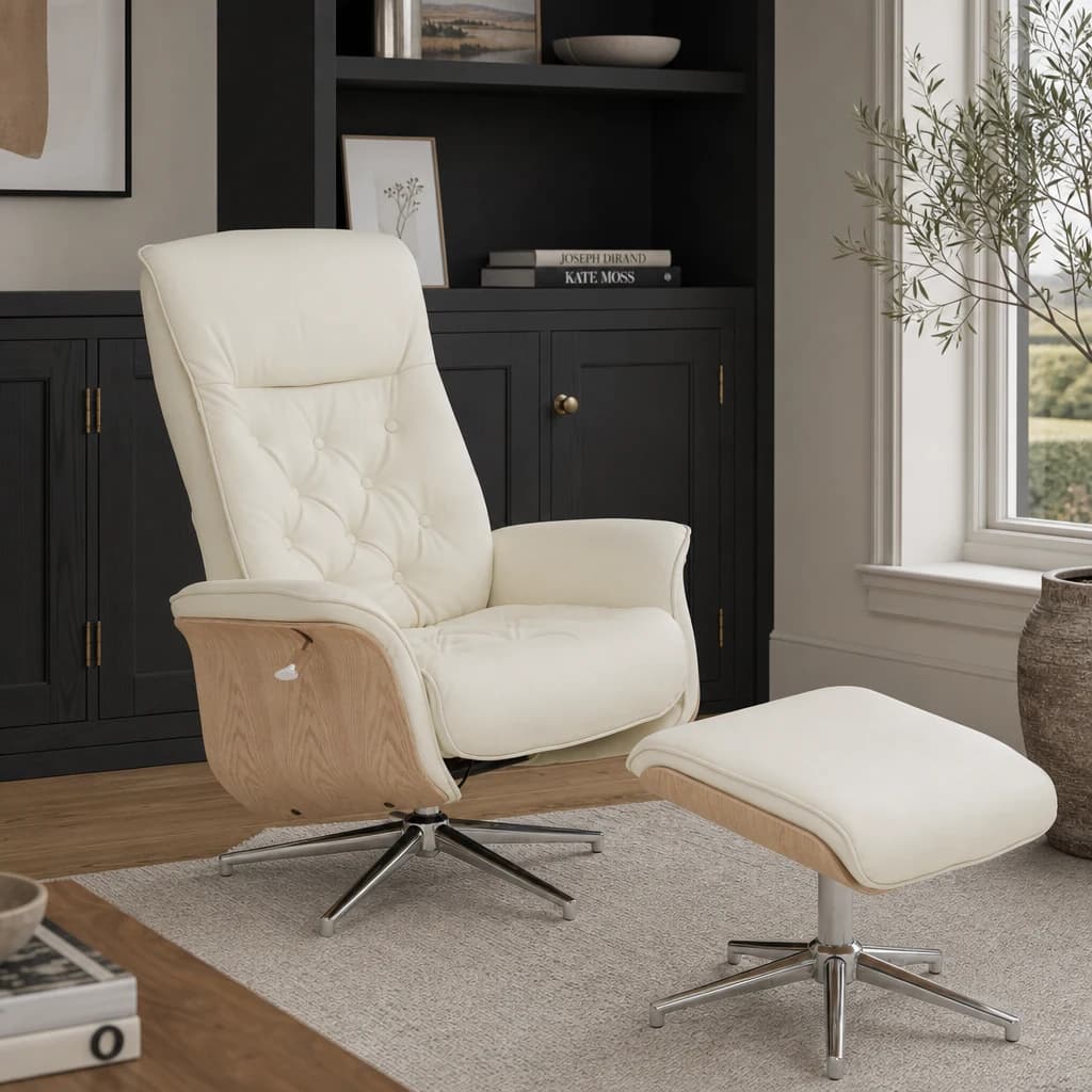 Warrington Ivory Leather Effect Recliner And Footstool - Seating, photo 1 of 8