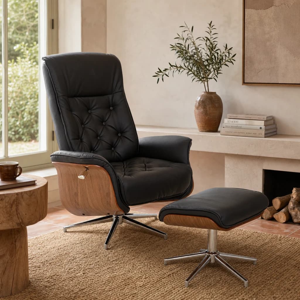 Warrington Black Leather Effect Recliner And Footstool - Seating, photo 1 of 7