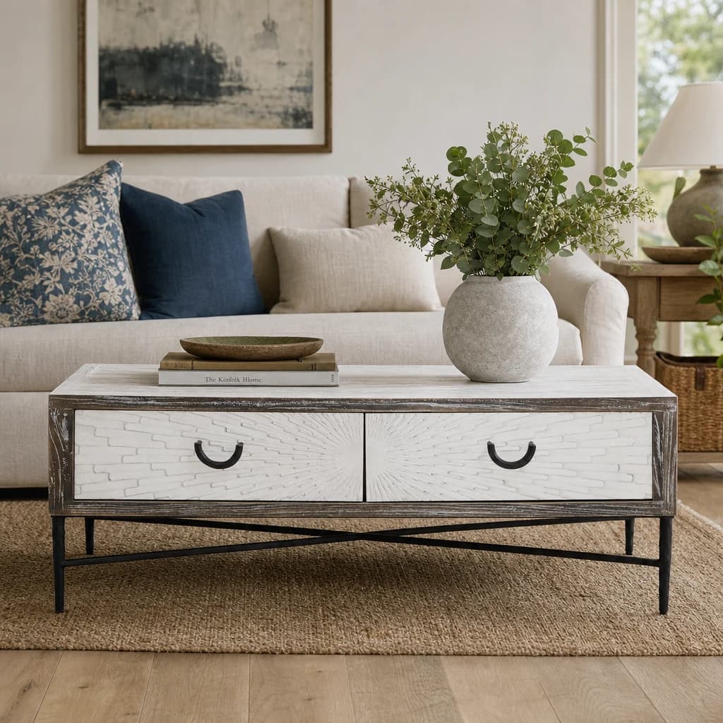 Milan Grey Wash Recycled Elm Wood Coffee Table with Drawers - Tables, photo 1 of 8
