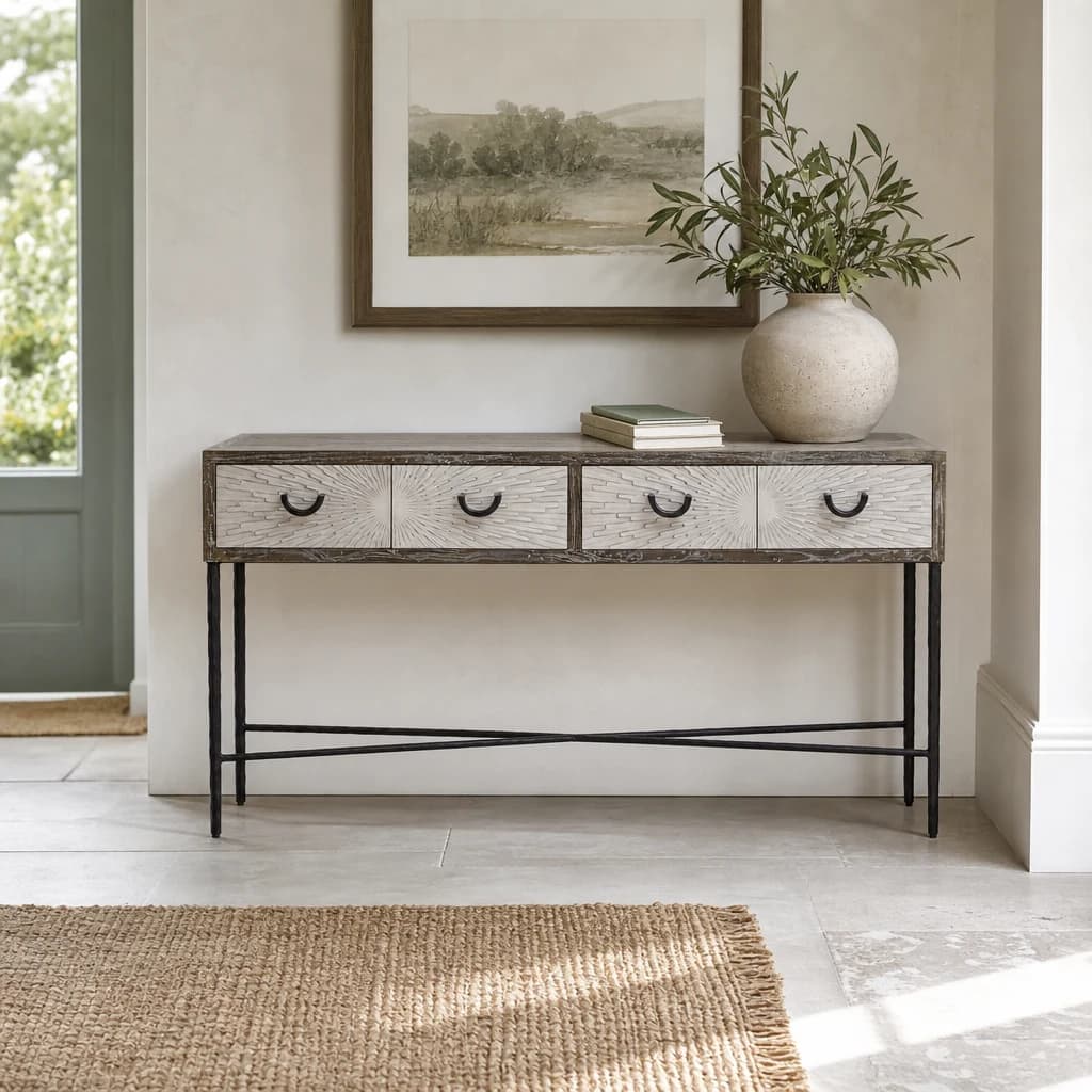 Milan Grey Wash Recycled Elm Wood Console Table with Drawers