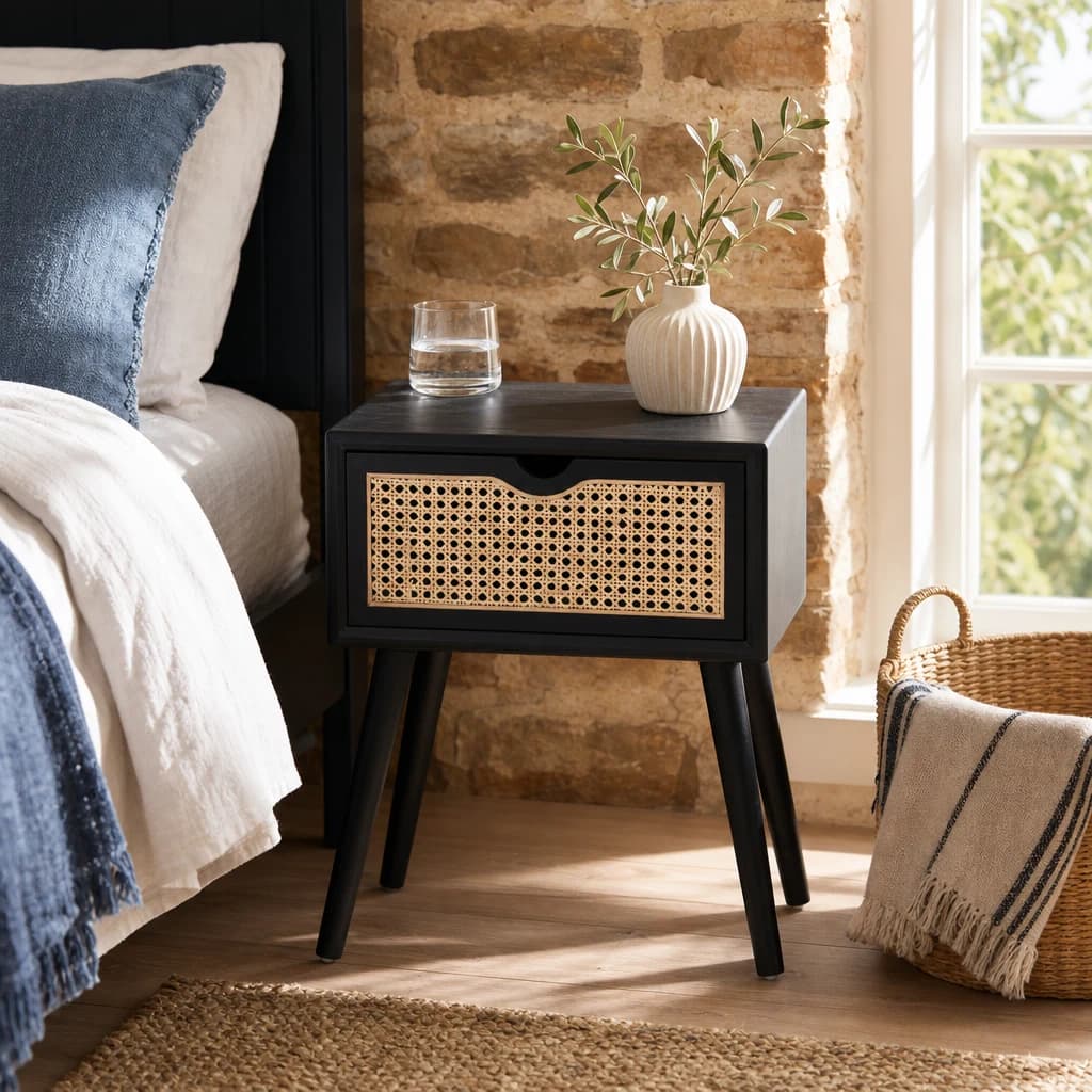 Cebu Black Side Table with Rattan Drawer - Tables, photo 1 of 8