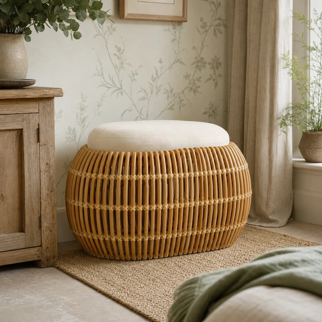 Manado Natural Rattan Bean Shaped Bench with Cream Cushion - Furniture, photo 1 of 6