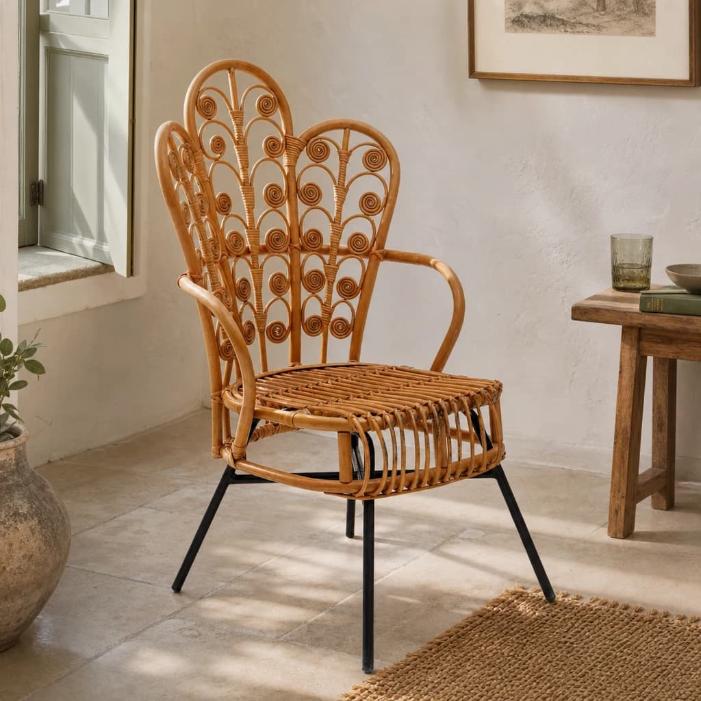 Java Natural Rattan Scalloped Back Accent Chair with Black Legs - Seating, photo 1 of 6