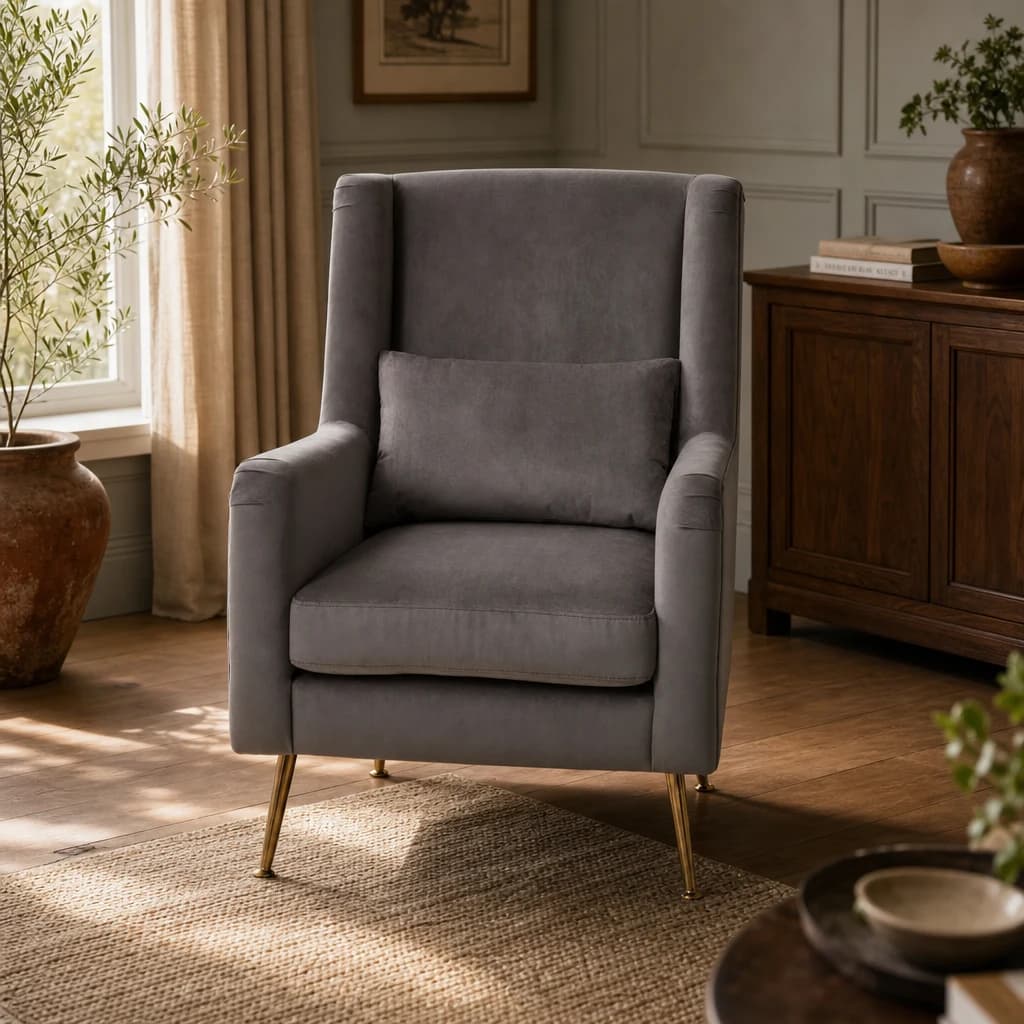 Doucet Grey Velvet Chair With Gold Finish Legs - Seating, photo 1 of 8