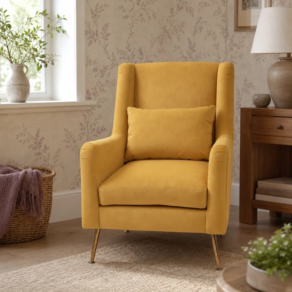 Doucet Yellow Velvet Chair With Gold Finish Legs - Seating, photo 1 of 8