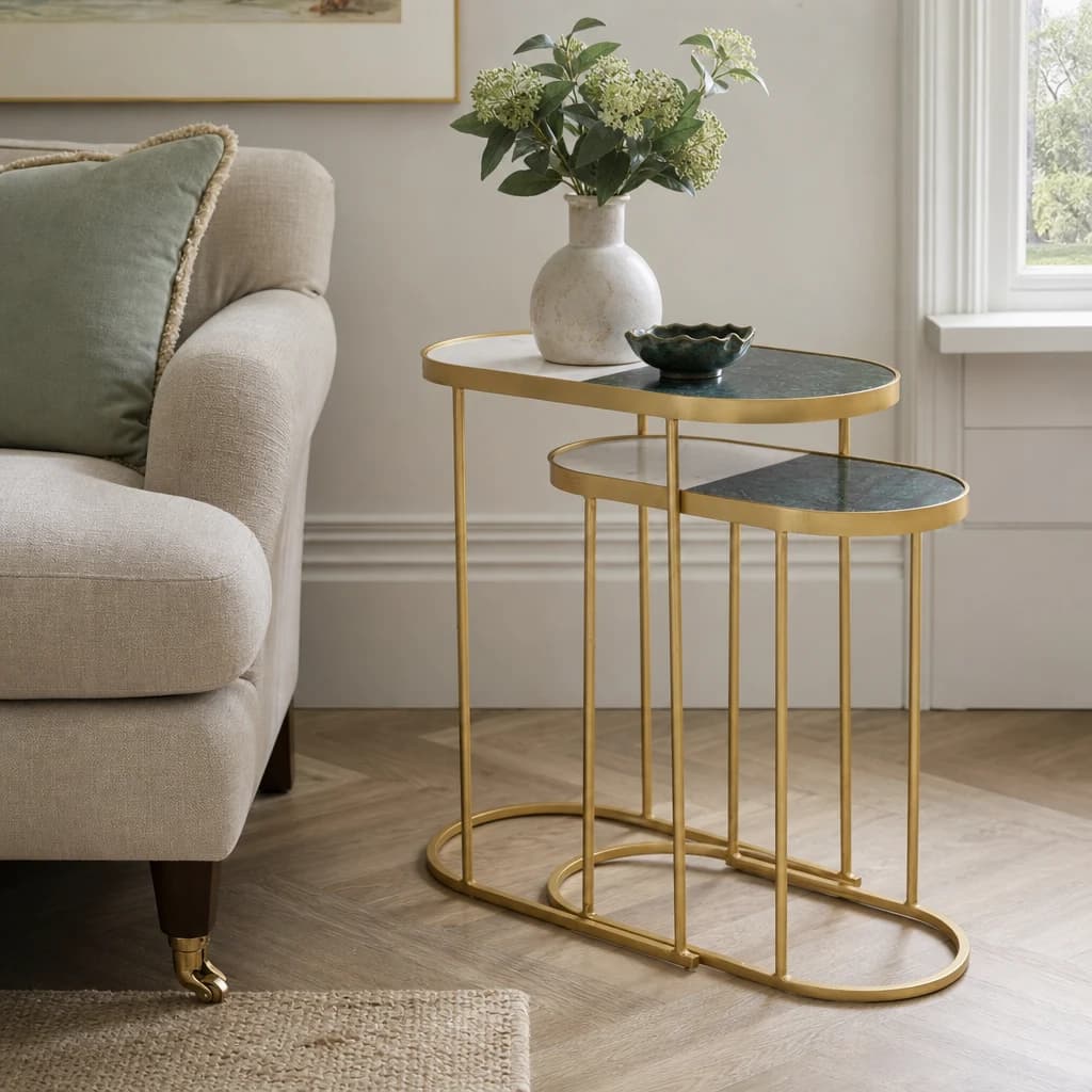 Suar Marble and Brass Finish Set of 2 Oval Nesting Tables - Tables, photo 1 of 8