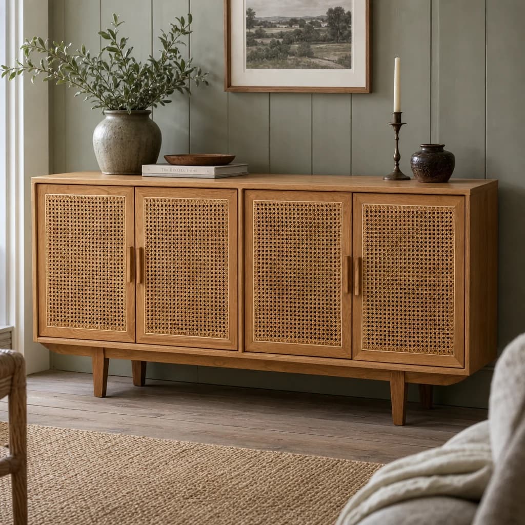 Lyon Rattan and Oak Wood 4 Door Sideboard - Bookcases & shelving, photo 1 of 8