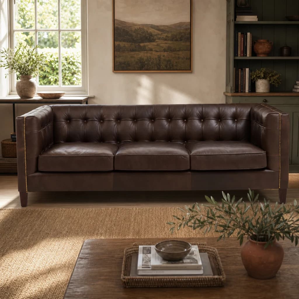 King Dark Brown Leather Three Seat Modern Chesterfield Sofa - Seating, photo 1 of 8