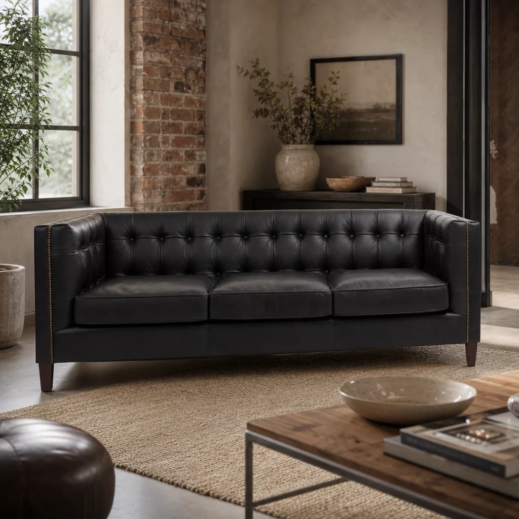 King Black Leather Three Seat Modern Chesterfield Sofa - Seating, photo 1 of 8