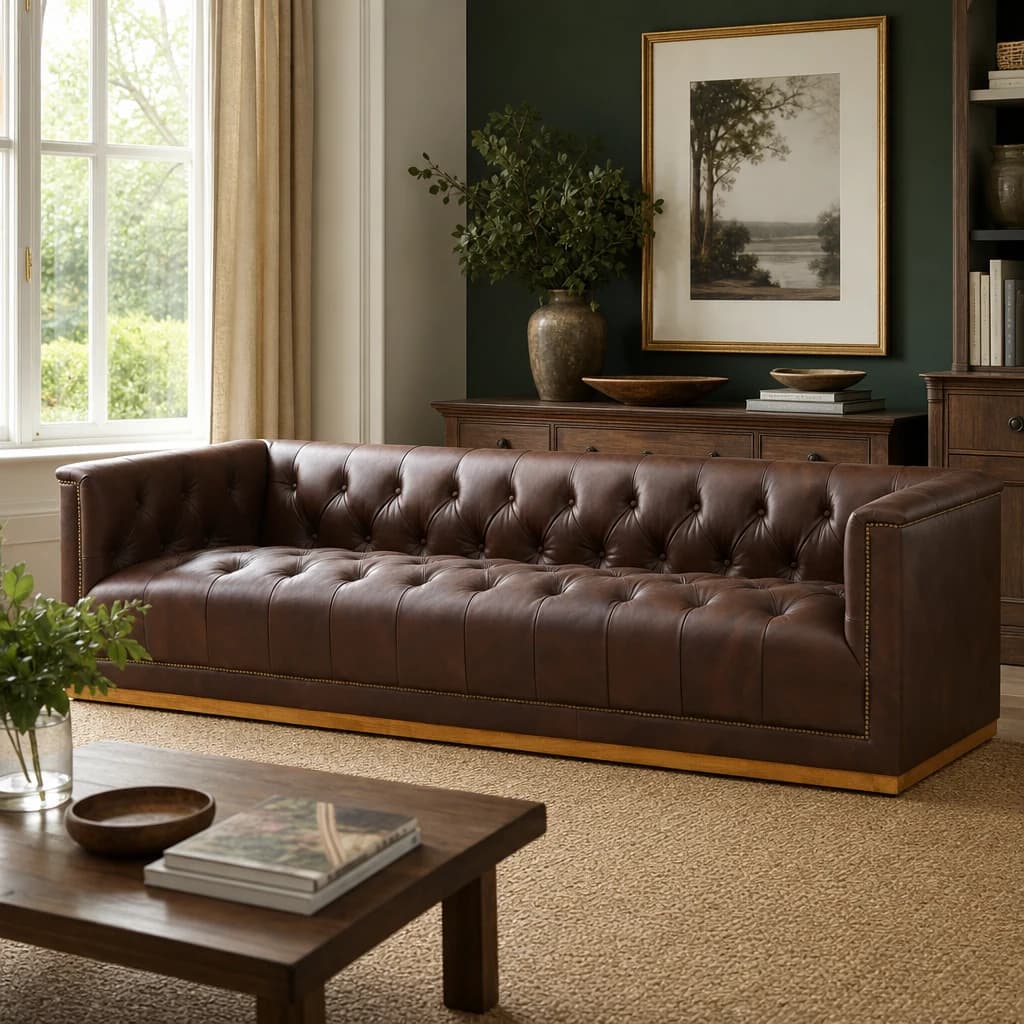 King Dark Brown Leather Three Seat Modern Chesterfield Sofa - Seating, photo 1 of 8