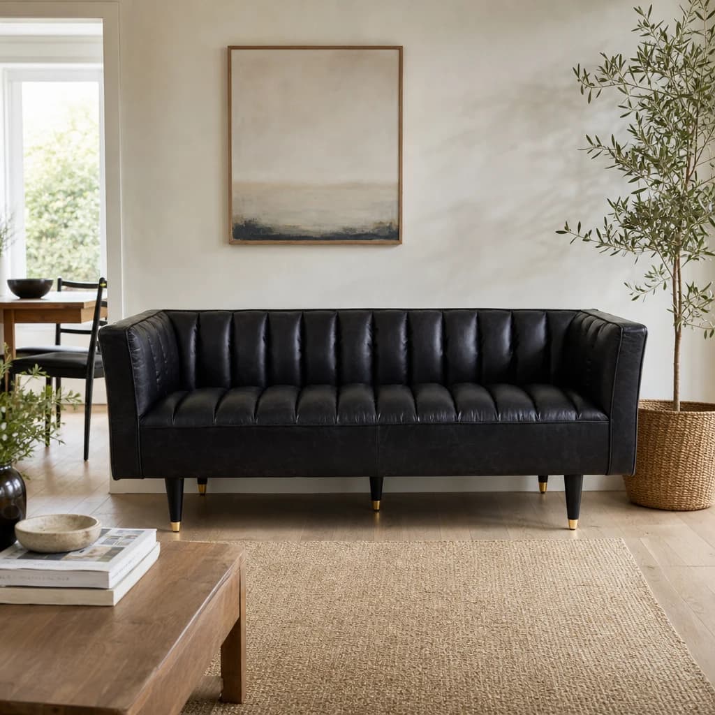 King Black Leather Three Seat Sofa With Flared Arms - Seating, photo 1 of 8