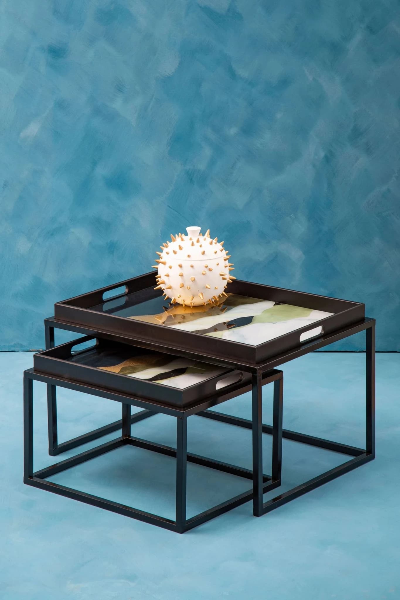 Celina Set Of 2 Abstract Paint Design Nesting Tray Tables - Tables, photo 4 of 8